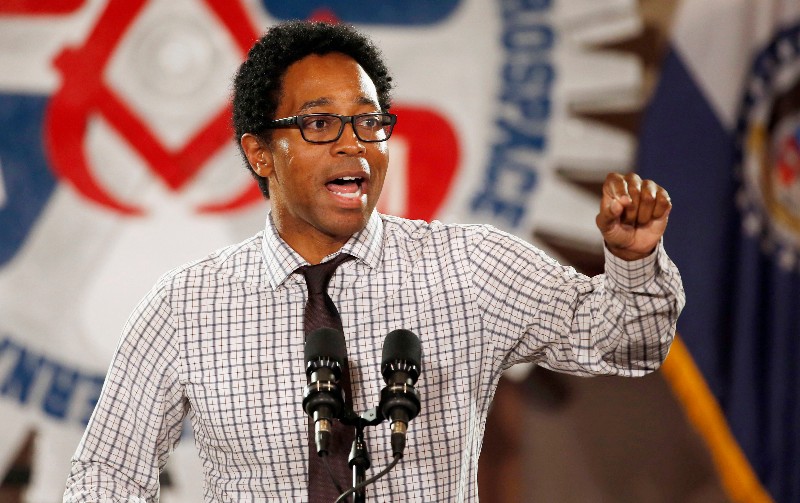 In this Oct. 31, 2018, file photo, the new St. Louis County prosecuting attorney Wesley Bell speaks during a campaign rally in Bridgeton, Mo. Prosecutors in St. Louis city, St. Louis County and Jackson County have all announced policies in the last few months ending prosecution of low-level marijuana cases. The goal is to free up time for prosecutors to focus on more serious crimes and to help users avoid the stigma of jail time. But some opponents say prosecutors are overstepping. (AP Photo/Jeff Roberson, File)