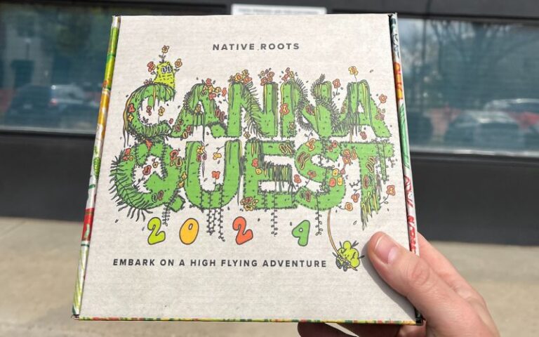 A hand holds a copy of the CannaQuest 2024 passport from Native Roots