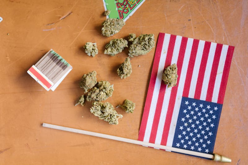 cannabis buds, matches, and a small American flag against an orange background.