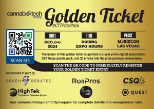 Image of golden ticket with qr code. Logos of sponsors and instructions on how to enter. visit https://cannatechtoday.com/cttprizepack/